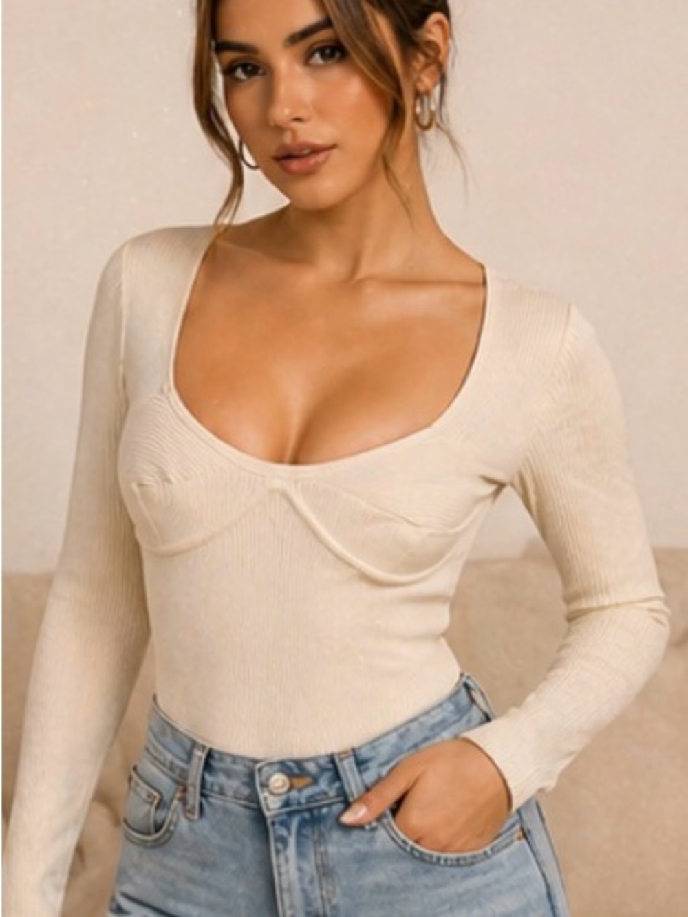 Love Tree Cream Scoop-Neck Ribbed Long-Sleeve Bodysuit